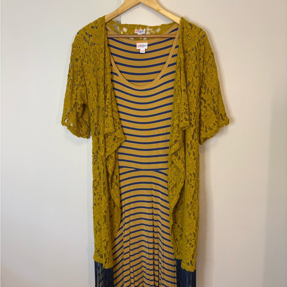 LuLaRoe Yellow Lace Kimono with Blue Striped Midi Dress